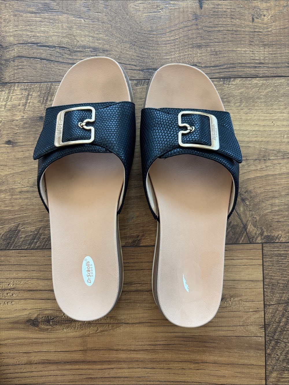 Dr. Scholl's Black Slide Sandals with Gold Buckle